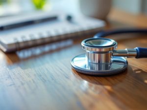 Stetoscop si caiet pe o masa de lemn.