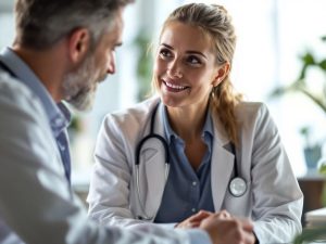 Doctor și pacient discutând despre consultații medicale.