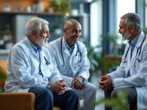 Doctori experimentați consultând pacienți într-un mediu profesional.