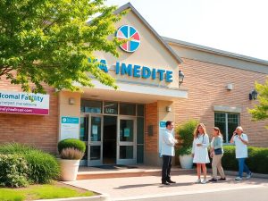 Clădire medicală primitoare cu personal și pacienți.