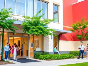 Clinica medicală modernă cu intrare accesibilă și verdeață.