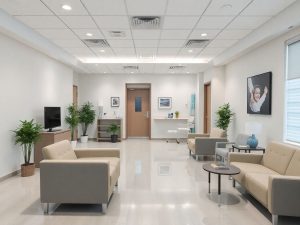 Interior de clinică modernă, confortabilă și primitoare.