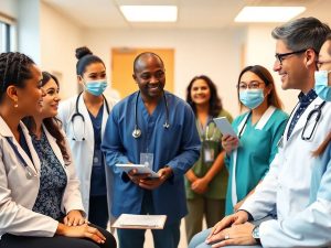 Profesioniști în sănătate discutând soluții personalizate cu pacienții.