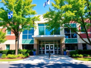 Centrul de sănătate modern, intrare primitoare, verdeață abundentă.