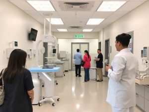 Clinica medicală modernă cu personal prietenos și pacienți.