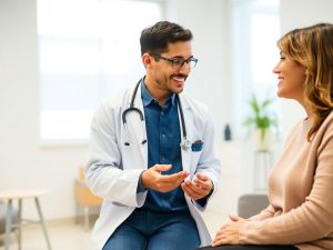 Doctor și pacient în discuție într-o clinică medicală.