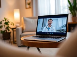 Birou confortabil cu laptop pe care se vede un medic.