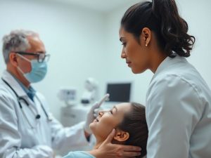 Clinică medicală cu specialist și pacient în examinare.