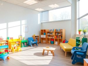 Clinică pediatrică prietenoasă pentru copii, cu jucării colorate.