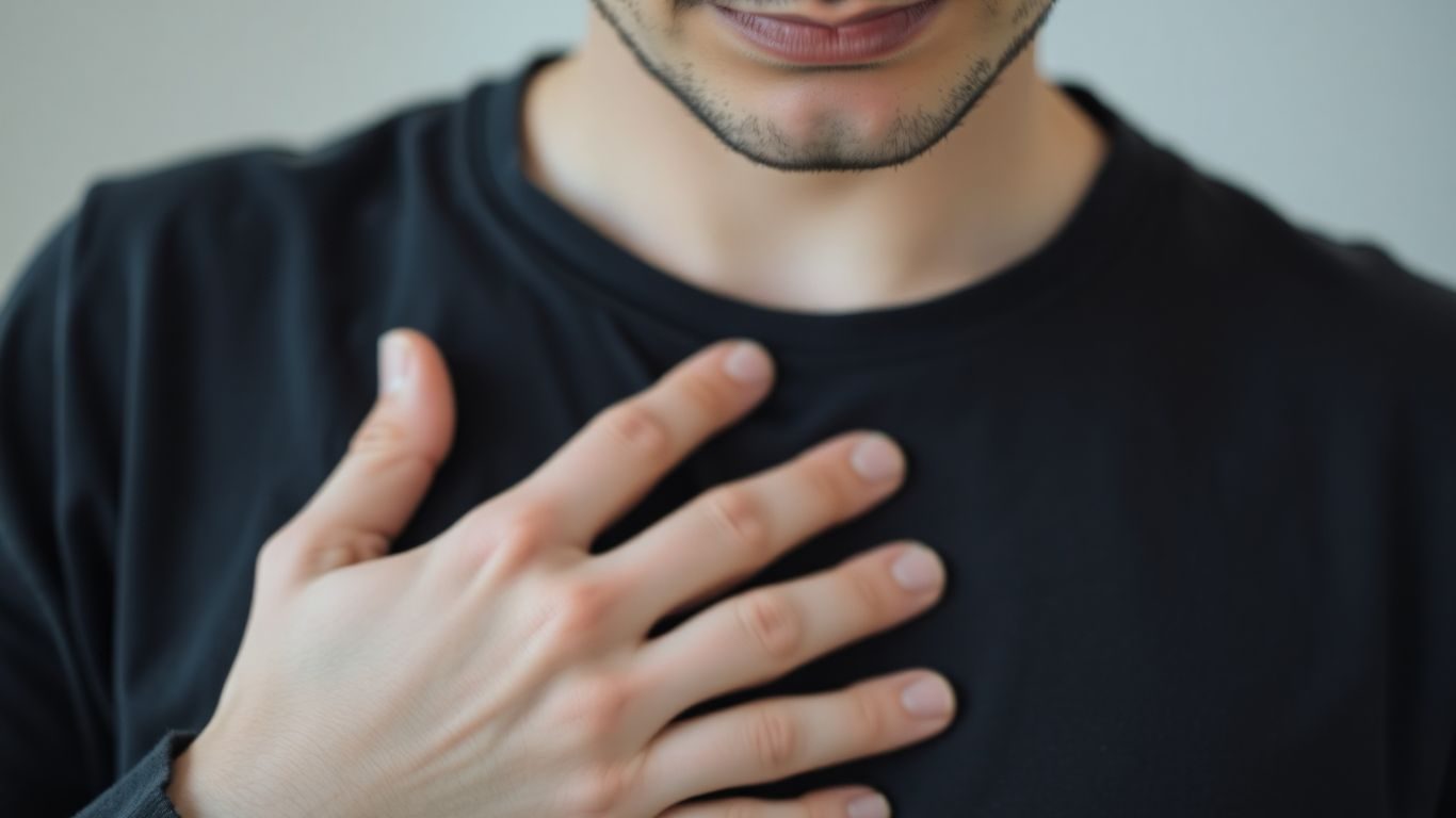 Mâna pe piept, expresie îngrijorată.