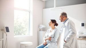 Clinică medicală cu pacienți și medici discutând despre costuri.