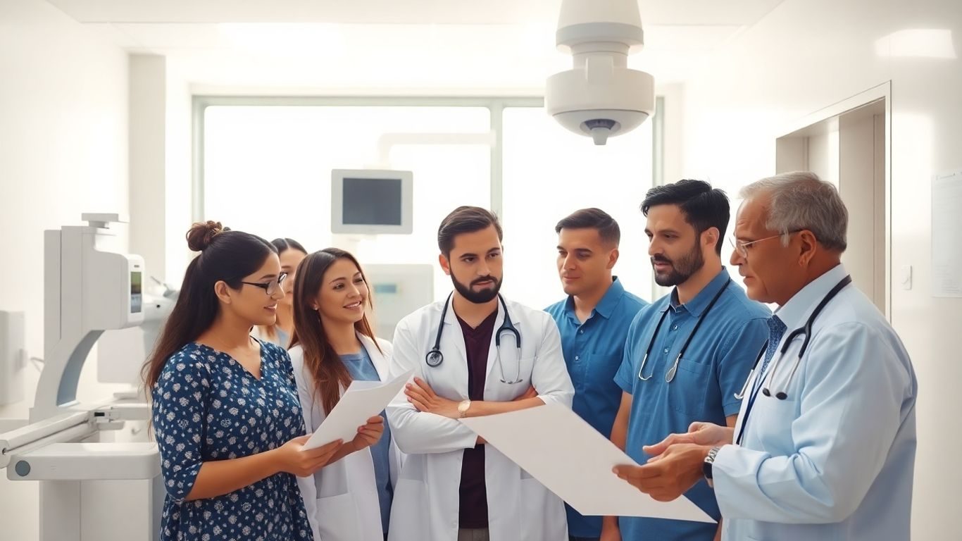 Oameni alegând clinica potrivită pentru investigații medicale.